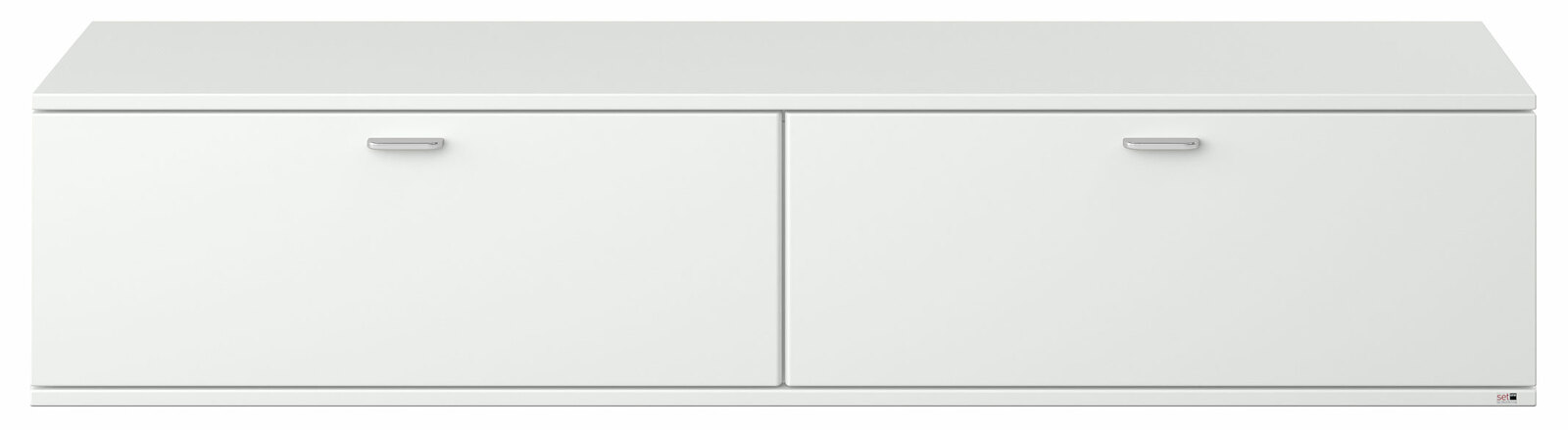 Weißes TV-Lowboard mit zwei Türen, frontale Ansicht