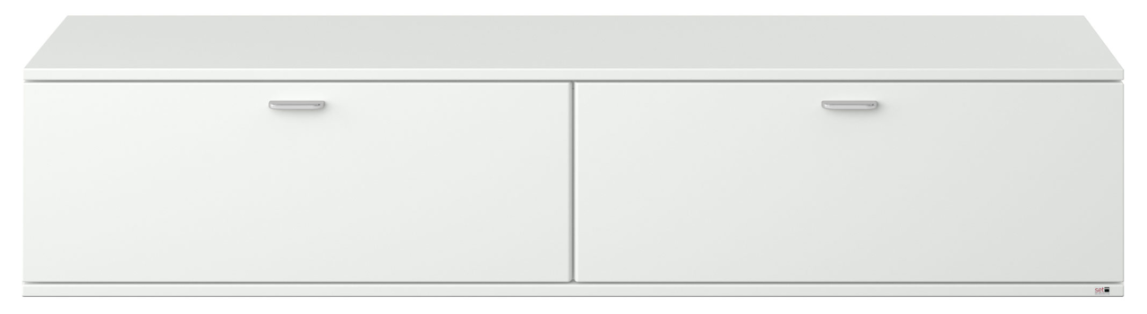 Weißes TV-Lowboard mit zwei Türen, frontale Ansicht