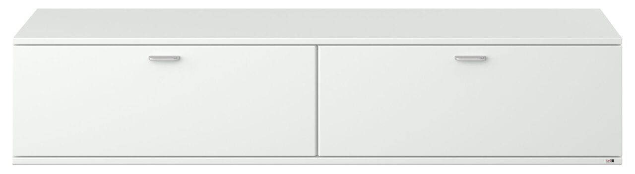 Weißes TV-Lowboard mit zwei Türen, frontale Ansicht
