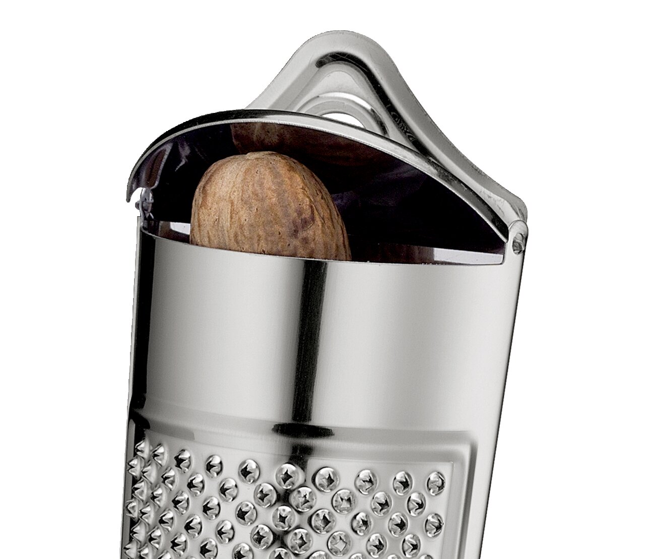KÜCHENPROFI Muskatreibe CLASSIC Nahaufnahme einer silbernen Muskatreibe mit einer Muskatnuss im oberen Fach.