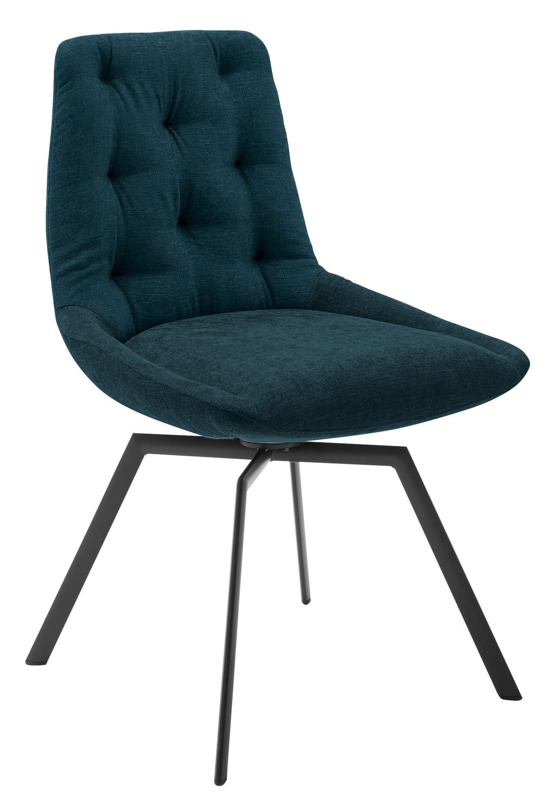 Moderner Stuhl mit gepolsterter Rückenlehne und Sitzfläche in dunklem Blau, auf schwarzem Metallgestell. Seitenansicht.