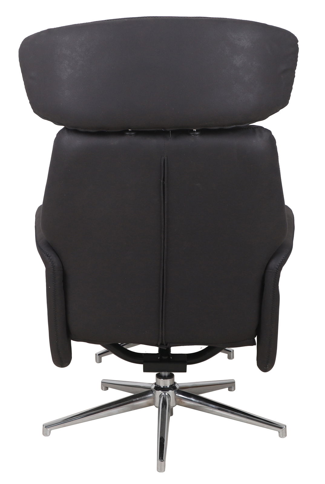 Rückansicht eines schwarzen Relaxsessels mit verchromtem Fußgestell.