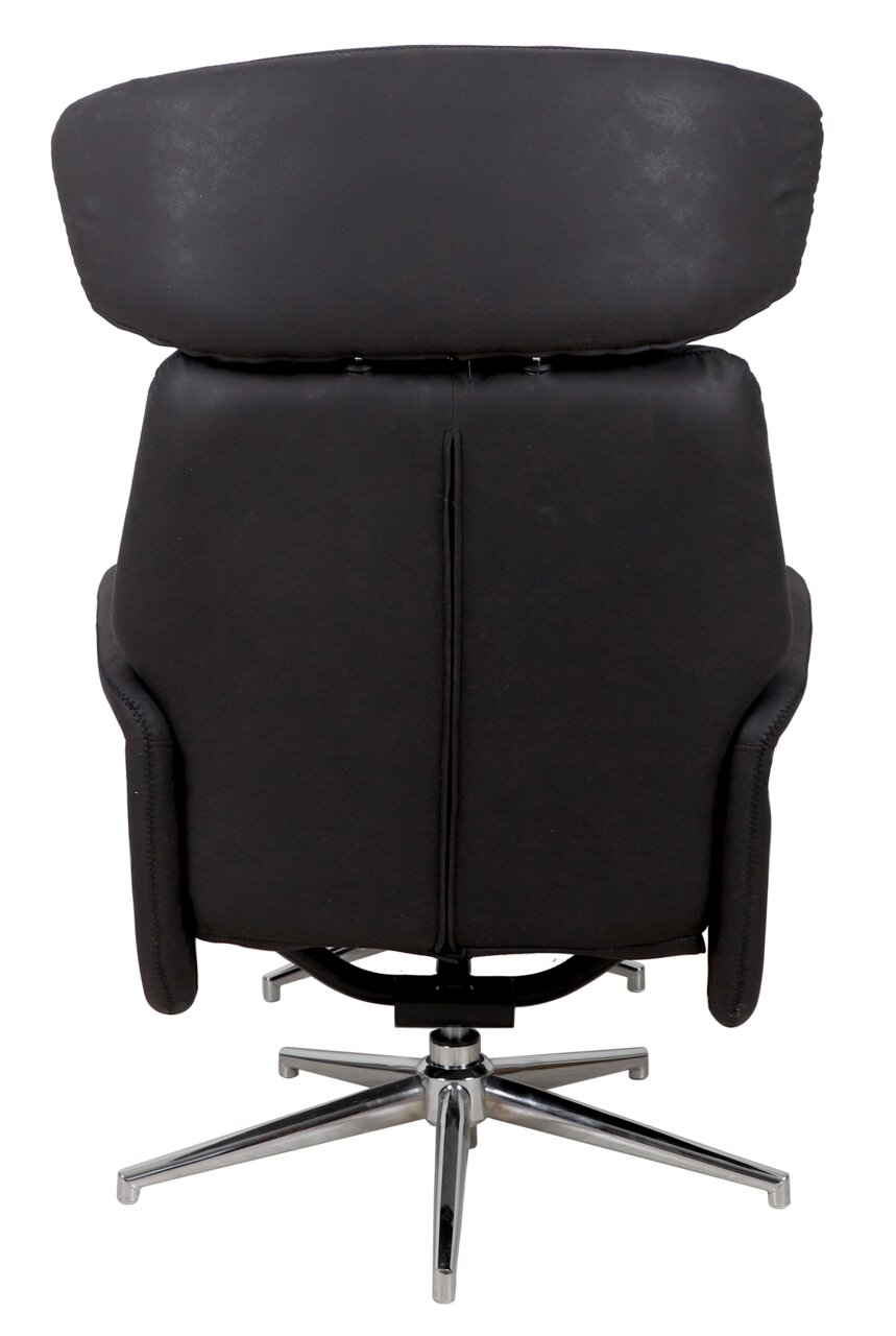 Rückansicht eines schwarzen Relaxsessels mit verchromtem Fußgestell.