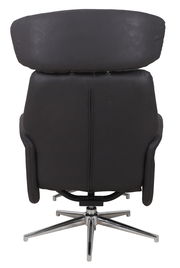 Rückansicht eines schwarzen Relaxsessels mit verchromtem Fußgestell.