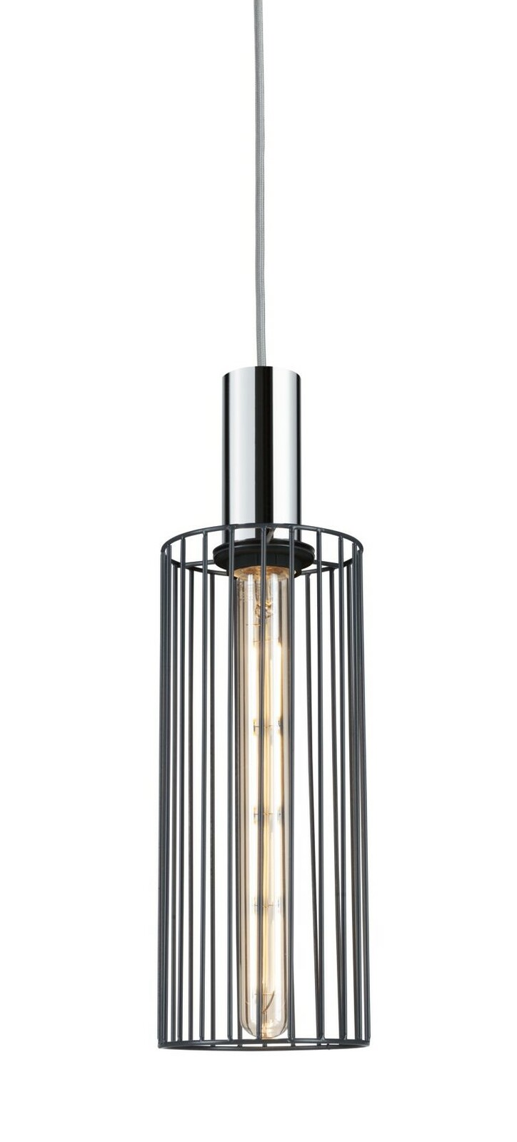 PAULMANN Sierparasol Biraha URAIL Hängelampe mit modernem, zylindrischem Design und schwarzem Gitter, seitliche Perspektive