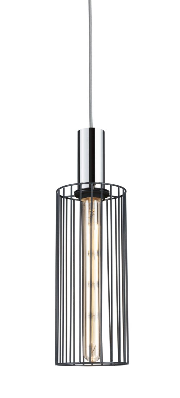 PAULMANN Dekoschirm Biraha URAIL Hängelampe mit modernem, zylindrischem Design und schwarzem Gitter, seitliche Perspektive