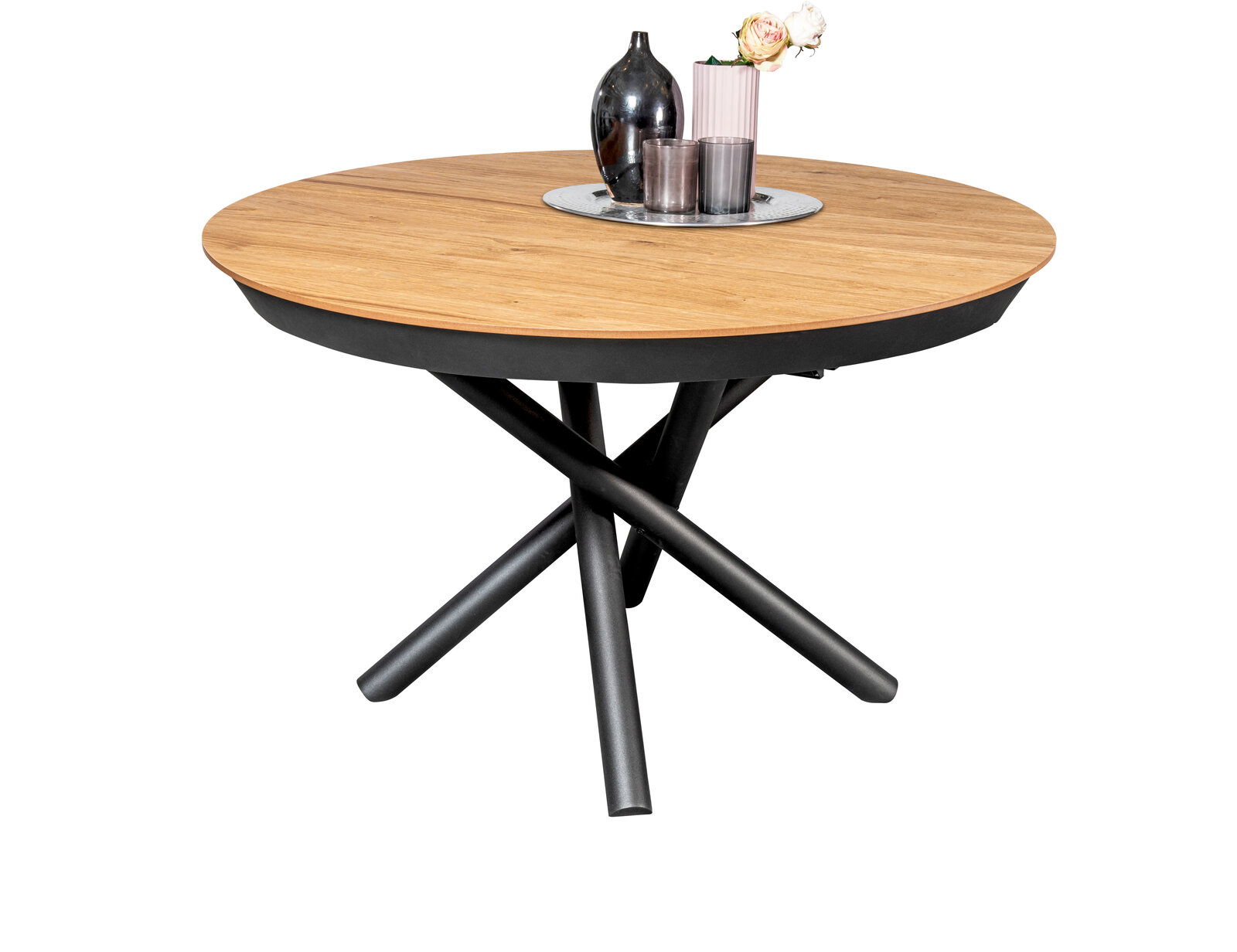Runder Esstisch mit Holzplatte und schwarzem Metallgestell, seitliche Perspektive