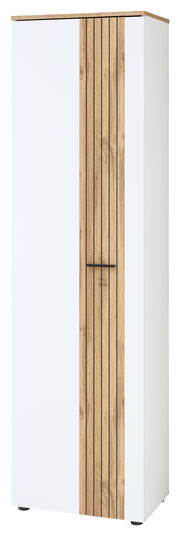 Moderner Garderobenschrank in Weiß mit vertikalen Holzelementen, Frontalansicht