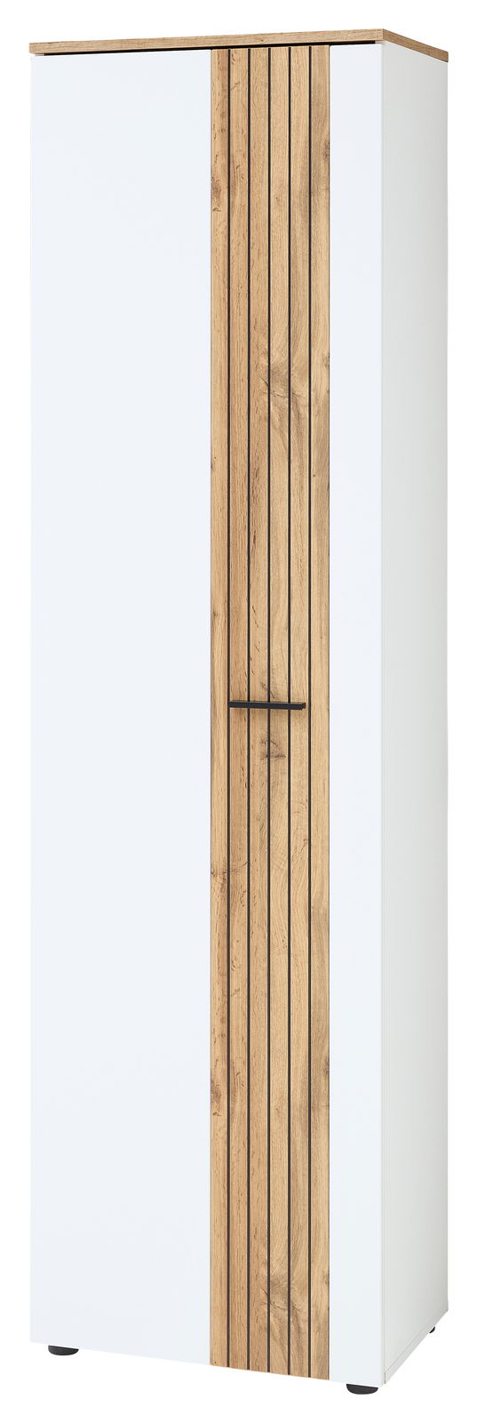 Moderner Garderobenschrank in Weiß mit vertikalen Holzelementen, Frontalansicht