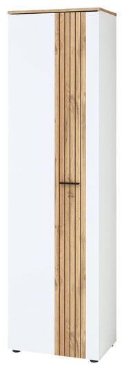 Moderner Garderobenschrank in Weiß mit vertikalen Holzelementen, Frontalansicht