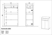 Technische Zeichnung einer Kommode mit den Maßen: Breite 63 cm, Höhe 98 cm, Tiefe 34 cm. Frontale und seitliche Ansicht.