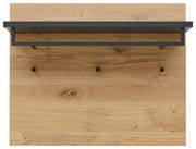 Garderobenpaneel aus Holz mit schwarzer Ablage und drei Haken, Ansicht von vorne