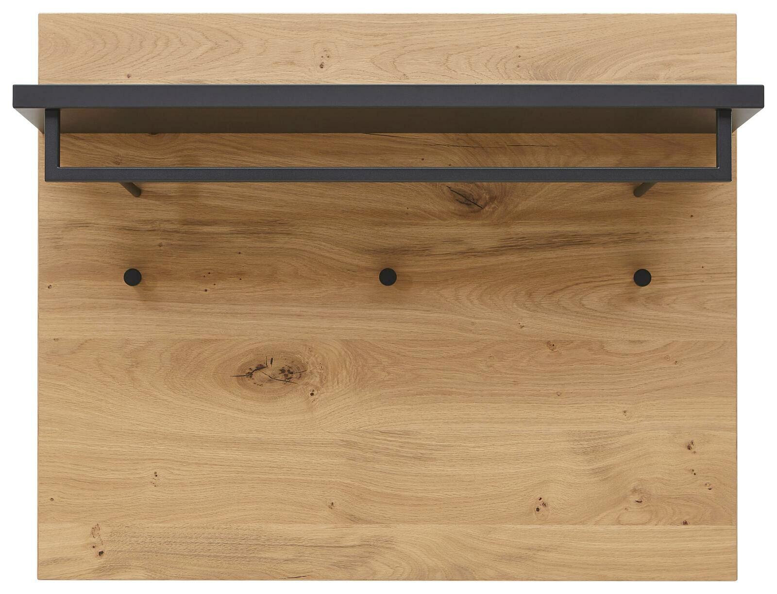 Garderobenpaneel aus Holz mit schwarzer Ablage und drei Haken, Ansicht von vorne