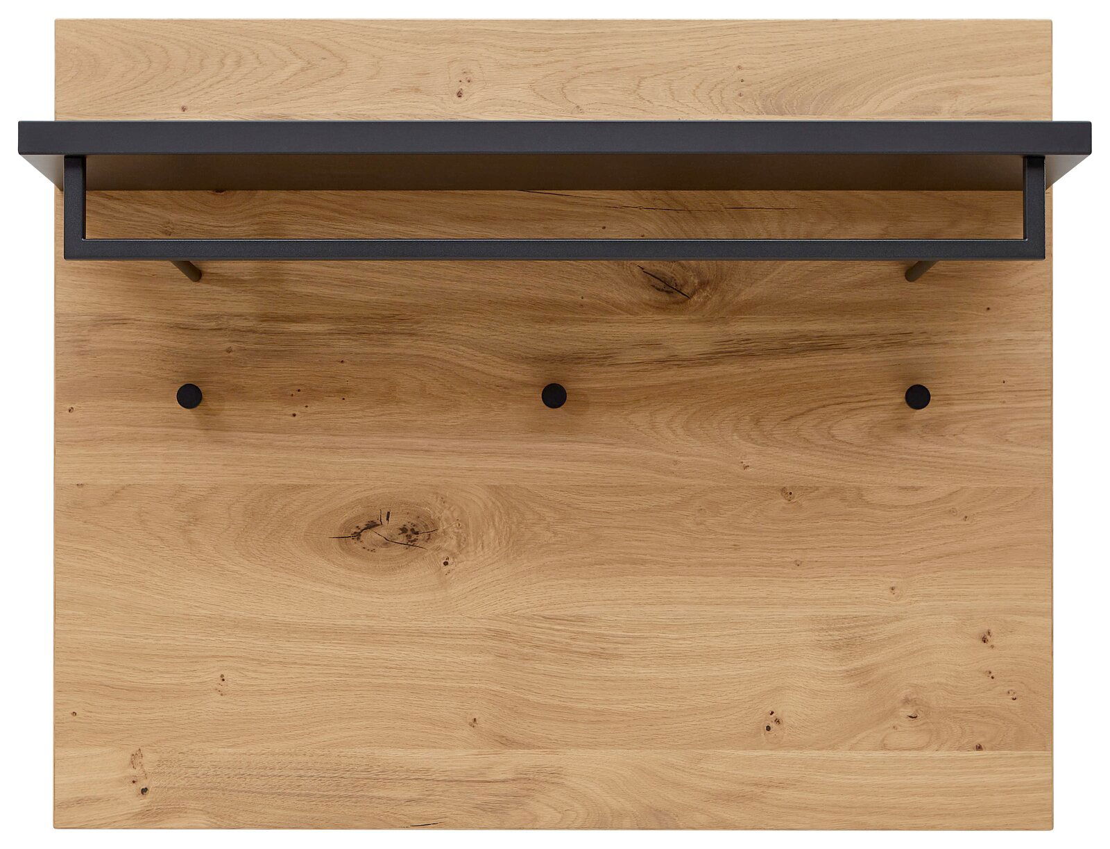 Garderobenpaneel aus Holz mit schwarzer Ablage und drei Haken, Ansicht von vorne