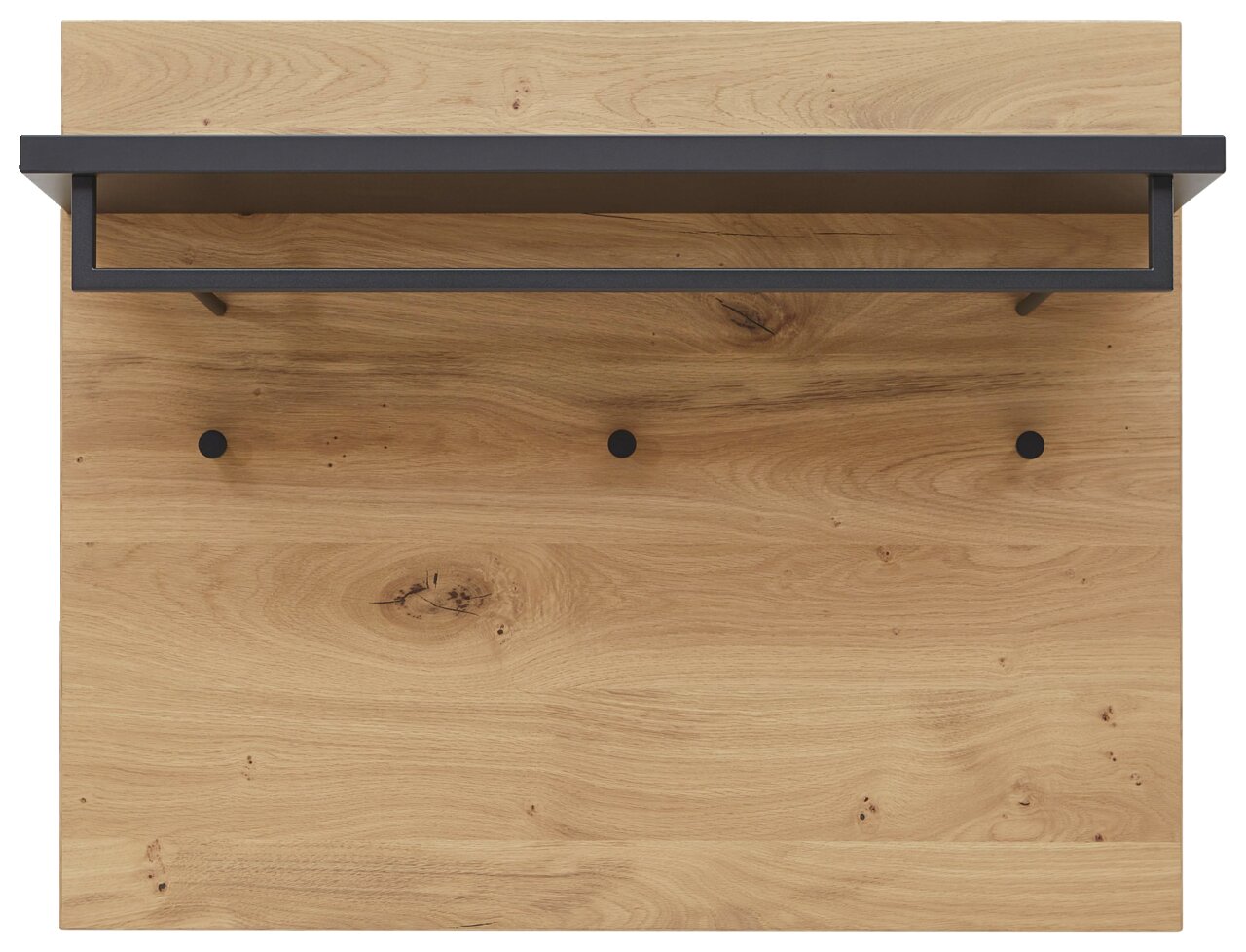 Garderobenpaneel aus Holz mit schwarzer Ablage und drei Haken, Ansicht von vorne