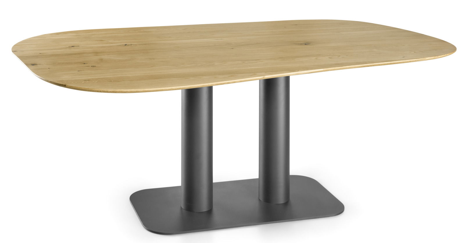 Moderner Esstisch mit ovaler Holzplatte und zwei schwarzen Metallbeinen, seitliche Perspektive