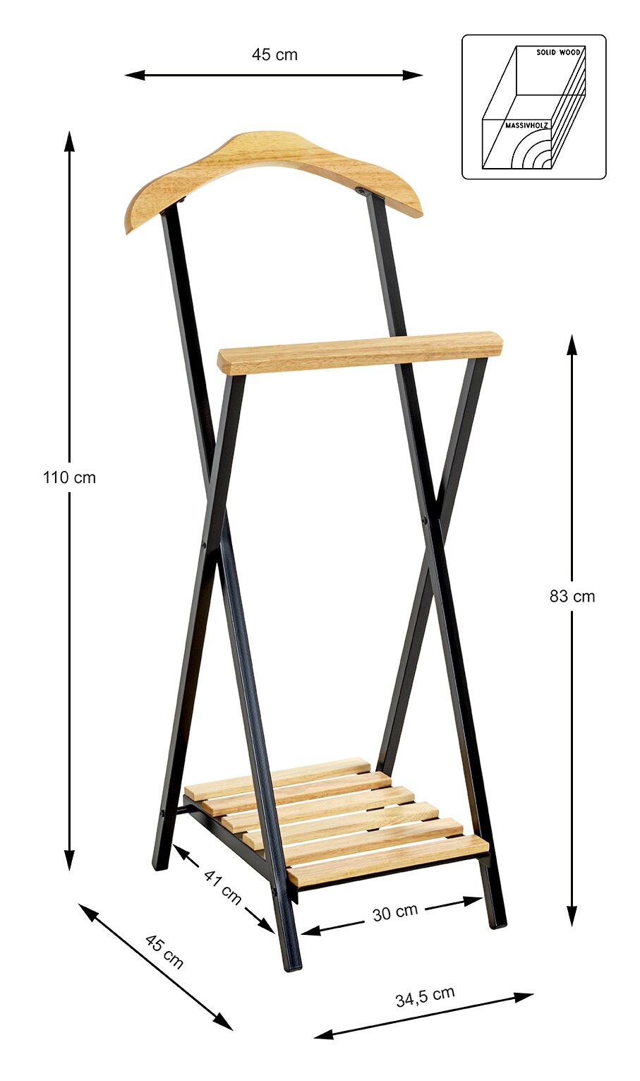 Freistehender Kleiderständer/Butler aus schwarzem Metall mit Massivholz-Elementen, oben gebogener Schulterauflage und unten Holzablage, mit Maßangaben (H ca. 110 cm, Breite ca. 45 cm), in schräger Vorderansicht auf weißem Hintergrund