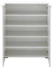 Weißer Schuhschrank mit fünf offenen Regalböden, frontale Ansicht