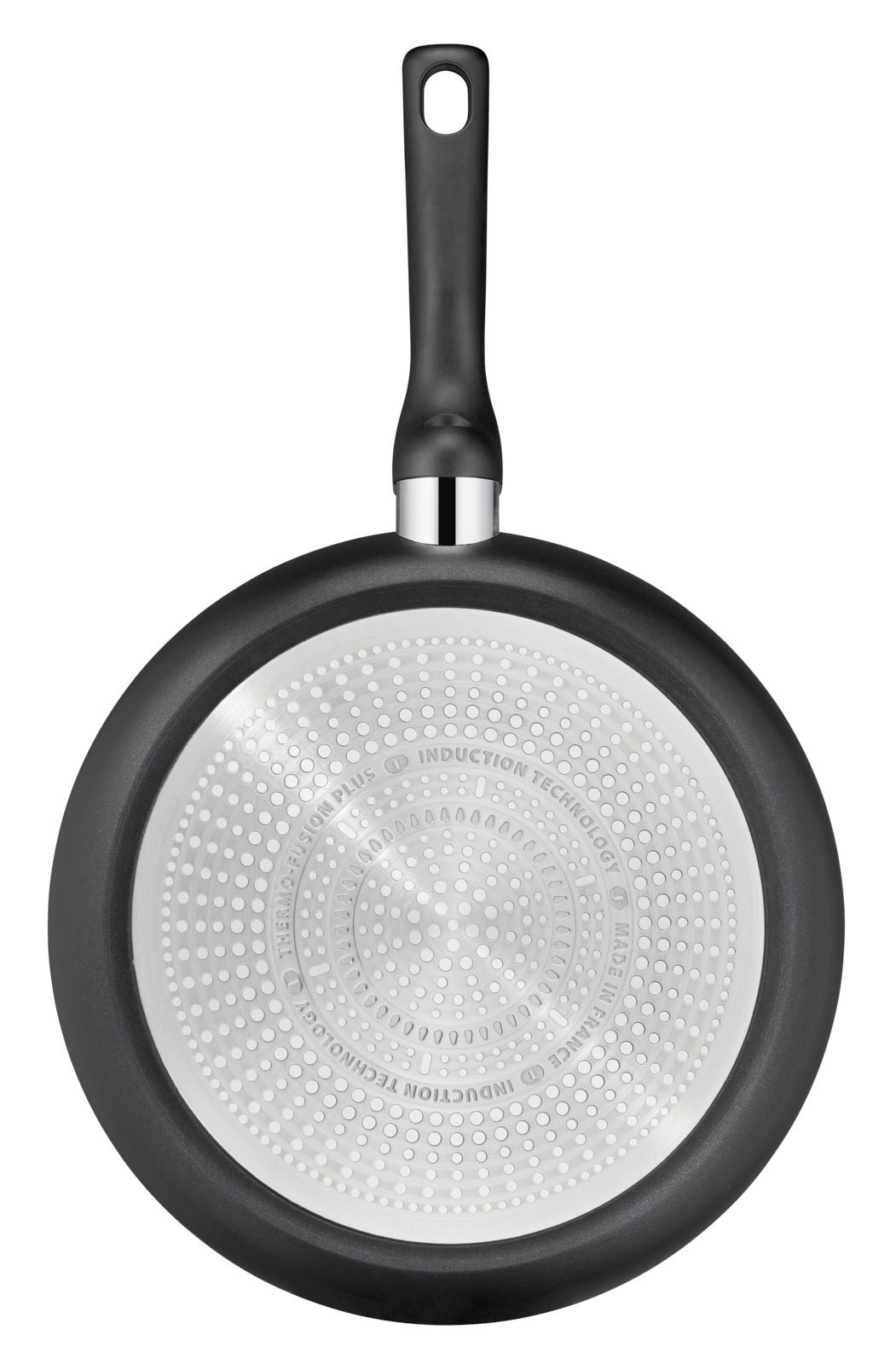 Ansicht von unten einer Bratpfanne Titanium 28 cm mit Induktionsboden und schwarzem Griff