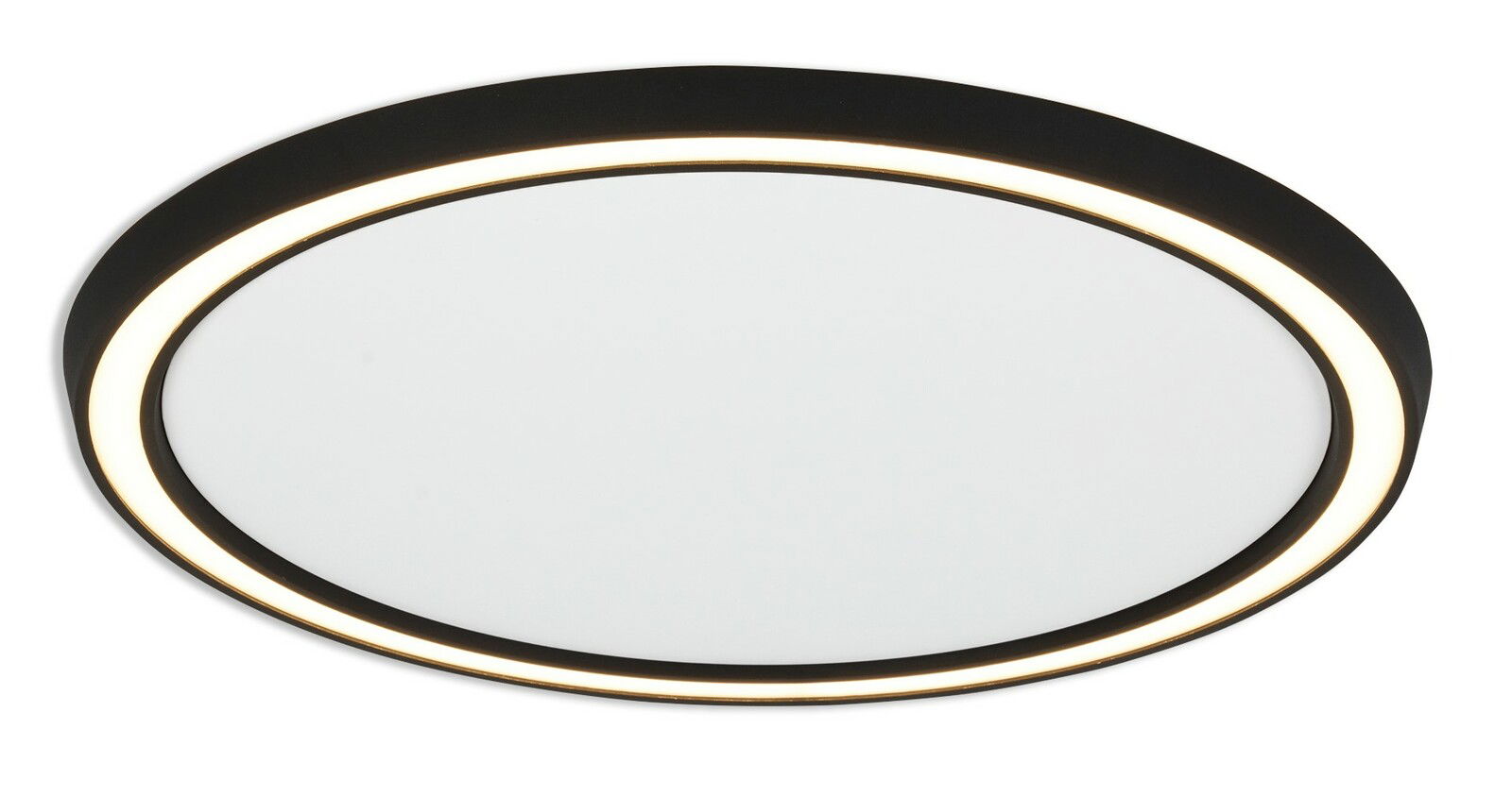 Runde LED-Deckenleuchte mit schwarzem Rand und leuchtendem Ring, seitliche Perspektive