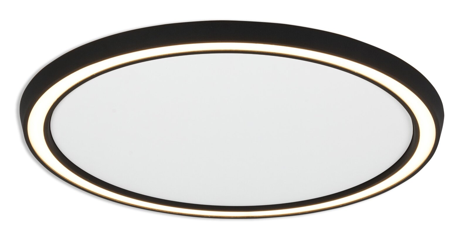 Runde LED-Deckenleuchte mit schwarzem Rand und leuchtendem Ring, seitliche Perspektive