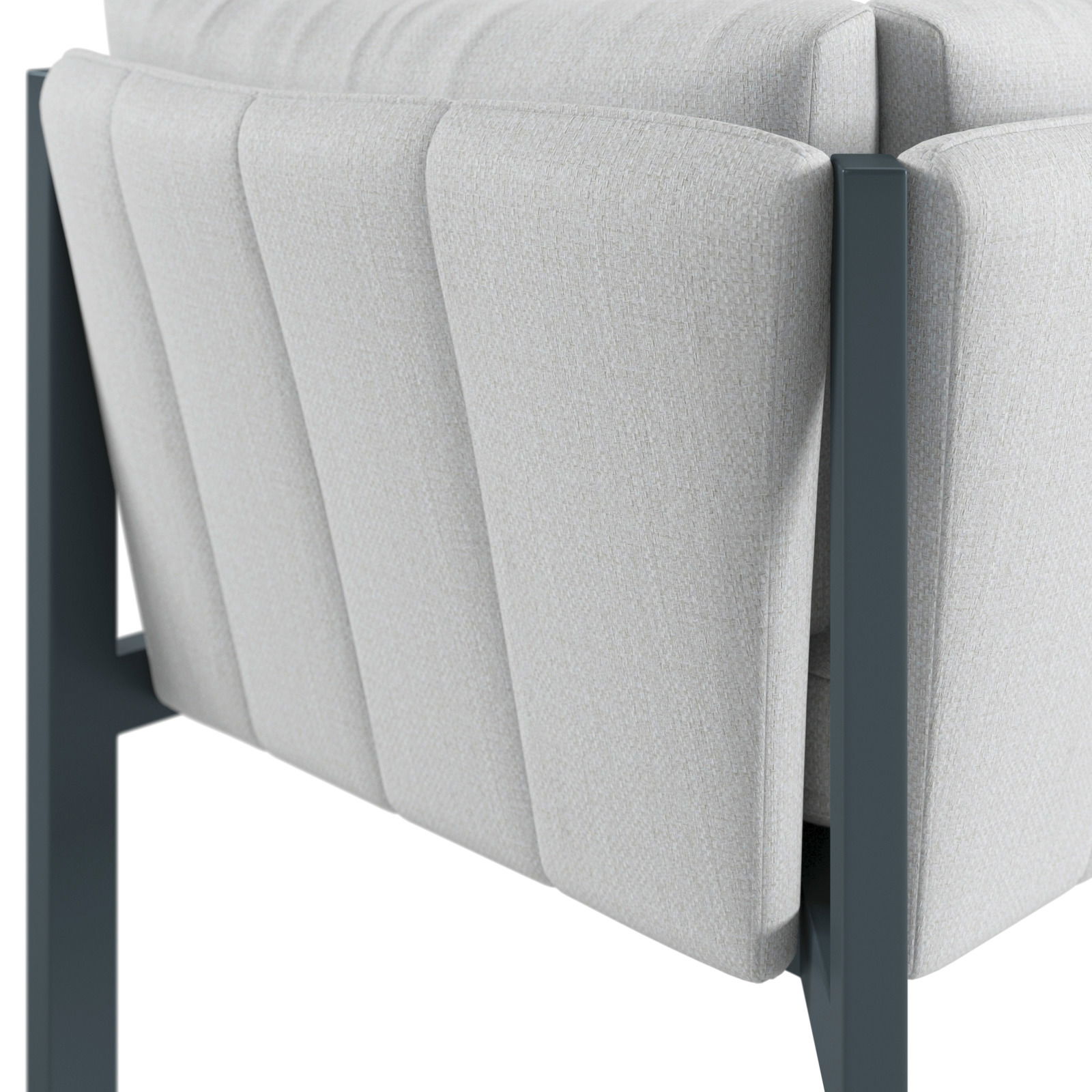 Rückansicht eines Lounge-Ecksofas mit hellgrauem Stoffbezug und dunklem Metallrahmen.