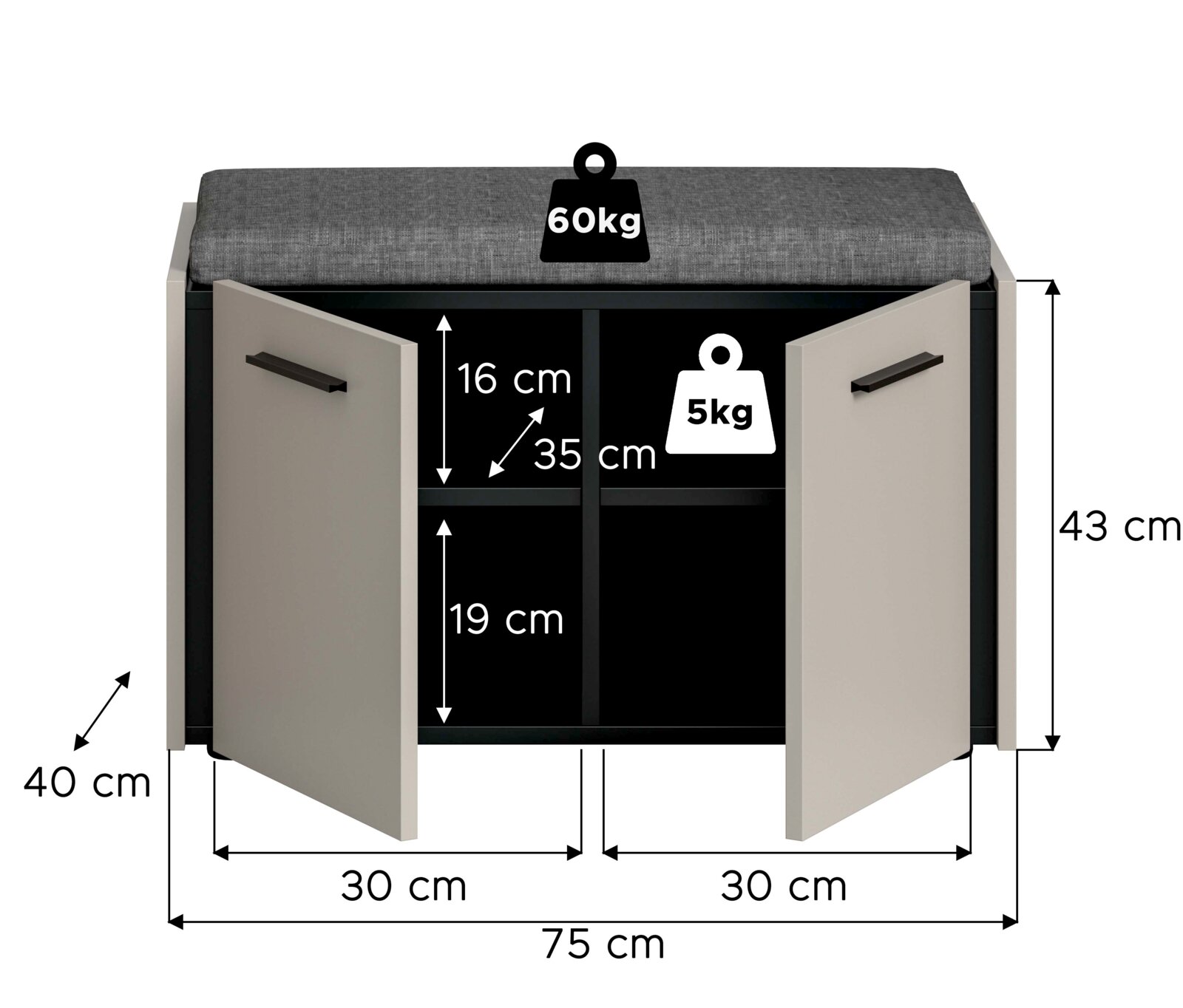Schuhschrank/Flurschrank mit grauem Sitzpolster, zwei geöffneten Türen und Innenfächern, Maße 75 x 40 x 43 cm, Tragkraft Sitzfläche 60 kg, Frontansicht leicht schräg von vorn.