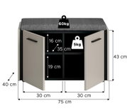 Schuhschrank/Flurschrank mit grauem Sitzpolster, zwei geöffneten Türen und Innenfächern, Maße 75 x 40 x 43 cm, Tragkraft Sitzfläche 60 kg, Frontansicht leicht schräg von vorn.