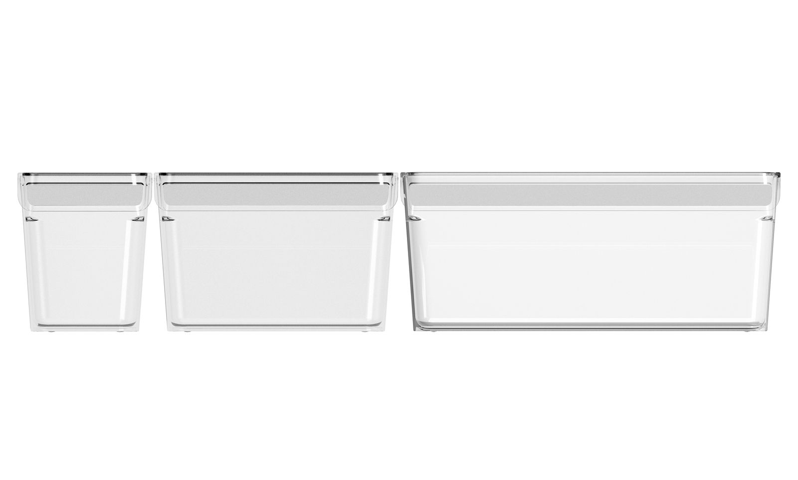 rotho Kühlschrankorganizer 3er-Set LOFT Drei transparente Kühlschrankorganizer in verschiedenen Größen, frontal nebeneinander angeordnet.