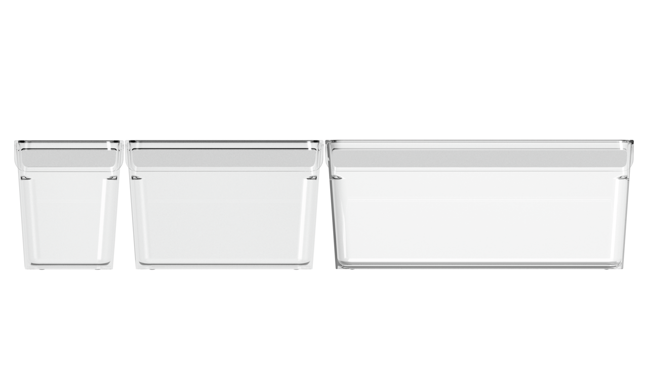 rotho Kühlschrankorganizer 3er-Set LOFT Drei transparente Kühlschrankorganizer in verschiedenen Größen, frontal nebeneinander angeordnet.