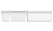 Drei transparente Kühlschrankorganizer in verschiedenen Größen, frontal nebeneinander angeordnet.
