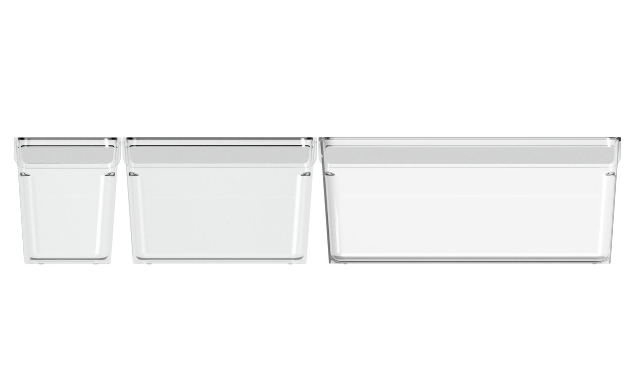 Drei transparente Kühlschrankorganizer in verschiedenen Größen, frontal nebeneinander angeordnet.