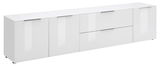Weißes XL-TV-Lowboard mit mehreren Türen und Schubladen, seitliche Perspektive