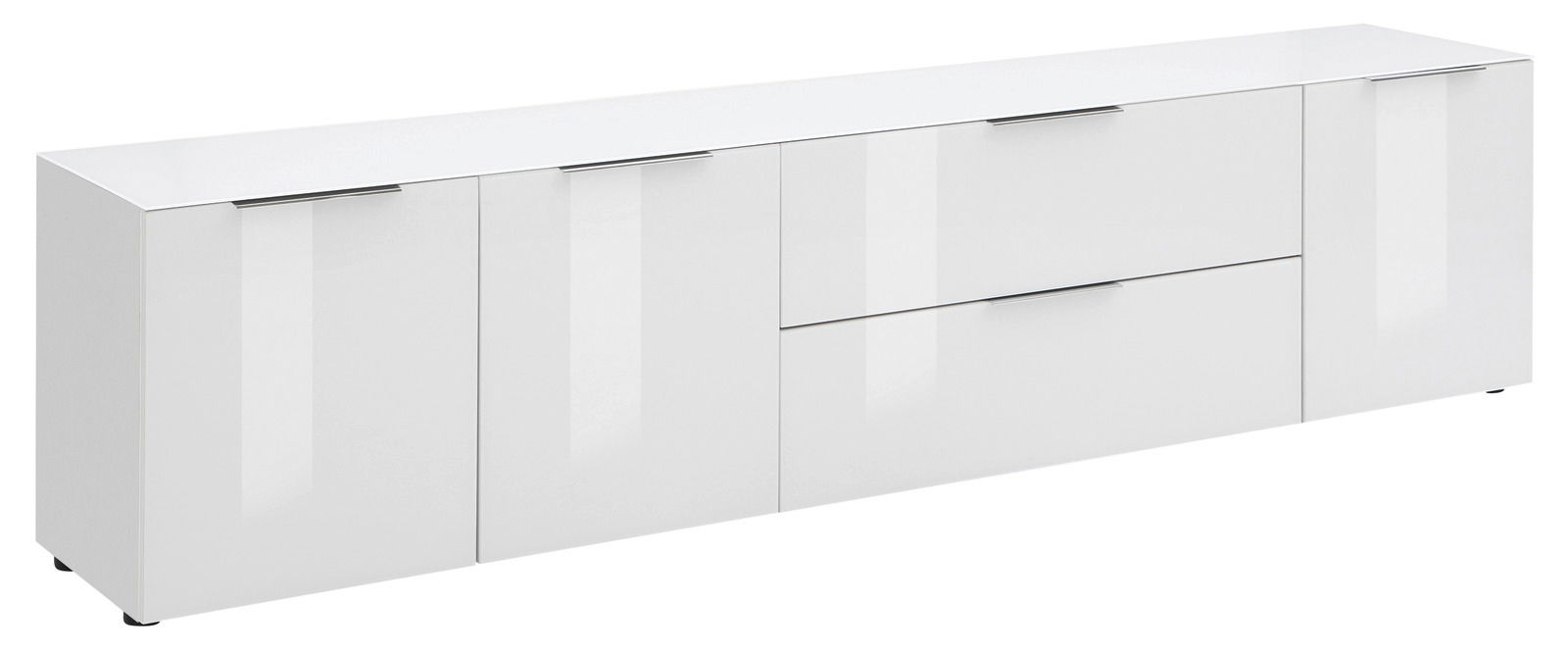 Voleo XL-TV-Lowboard MALIN Weißes XL-TV-Lowboard mit mehreren Türen und Schubladen, seitliche Perspektive