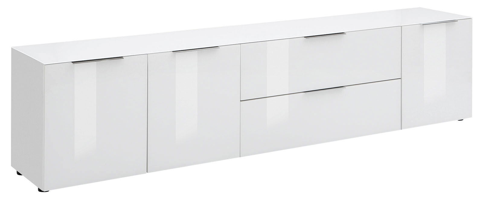 Voleo XL-TV-Lowboard MALIN Weißes XL-TV-Lowboard mit mehreren Türen und Schubladen, seitliche Perspektive