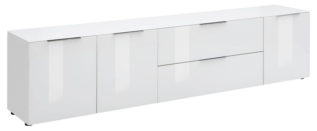 Voleo XL-TV-Lowboard MALIN Weißes XL-TV-Lowboard mit mehreren Türen und Schubladen, seitliche Perspektive