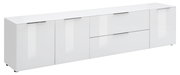 Weißes XL-TV-Lowboard mit mehreren Türen und Schubladen, seitliche Perspektive