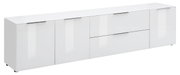 Weißes XL-TV-Lowboard mit mehreren Türen und Schubladen, seitliche Perspektive