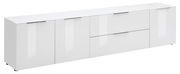 Weißes XL-TV-Lowboard mit mehreren Türen und Schubladen, seitliche Perspektive
