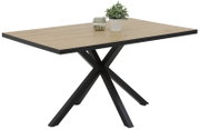 Moderne eettafel met houten blad en zwart metalen onderstel, zijaanzicht