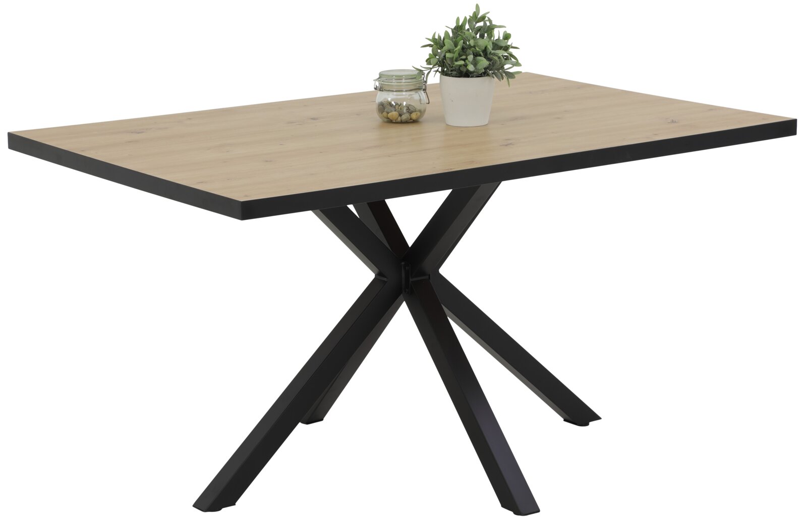 Moderne eettafel met houten blad en zwart metalen onderstel, zijaanzicht
