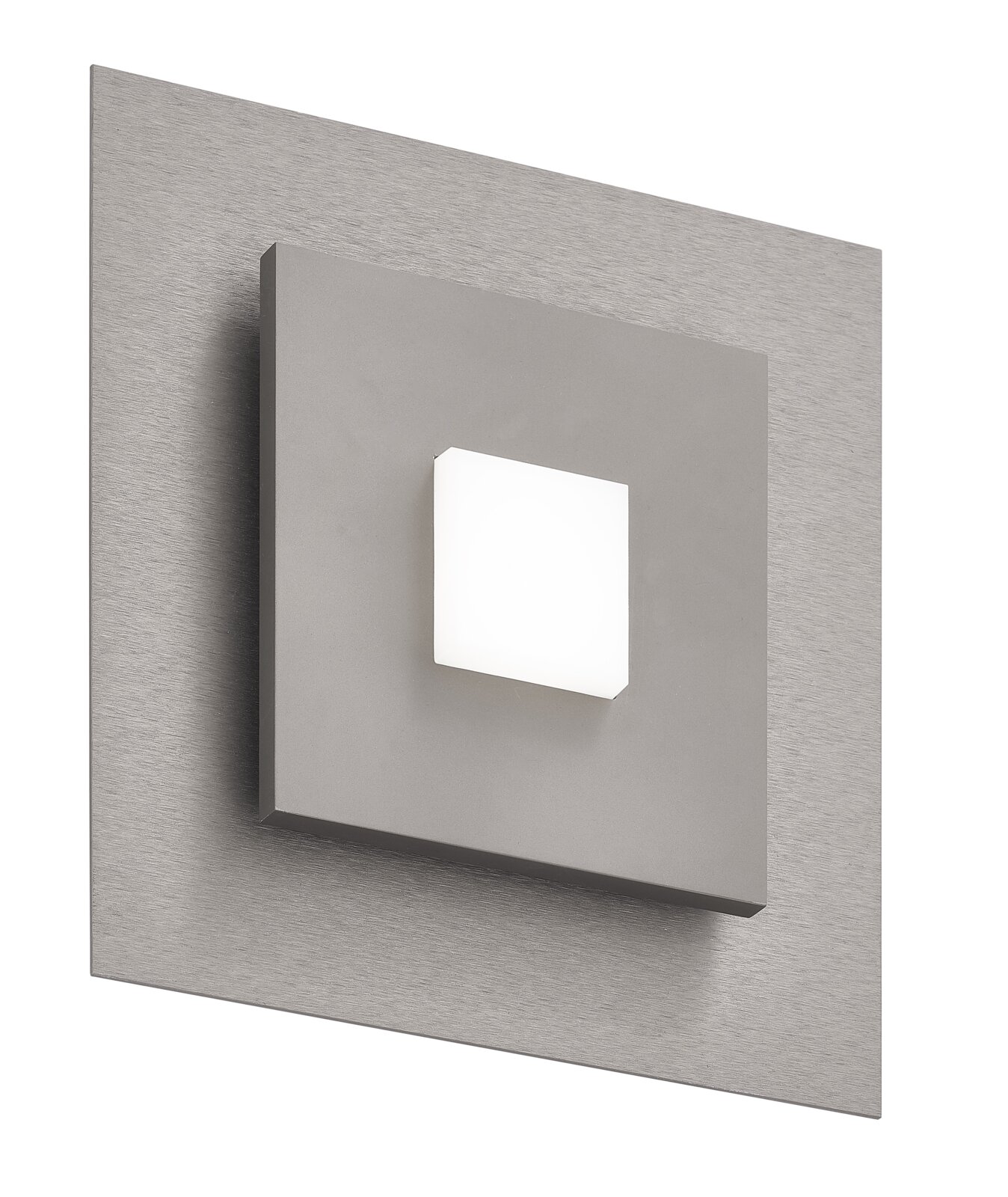 Moderne quadratische LED-Wandleuchte in gebürsteter Metalloptik mit anthrazitfarbener Abdeckung und zentralem weißem Lichtfeld, aus schräger Vorderansicht