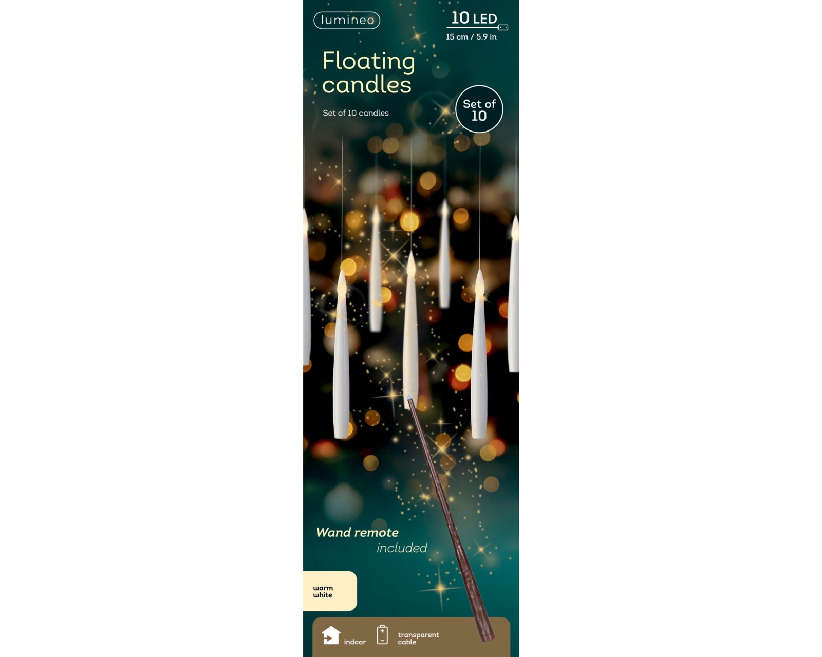 Frontalansicht der Verpackung eines Lumineo 10er-Sets schwebender weißer LED-Kerzen mit warmweißem Licht, transparenten Kabeln und Zauberstab-Fernbedienung für den Innenbereich