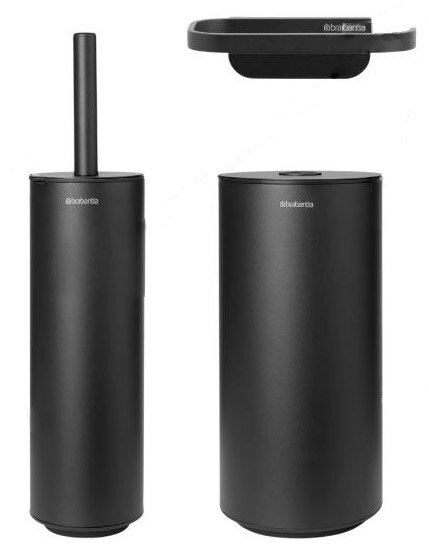 Schwarzes 3-teiliges Badezimmer-Zubehör-Set, bestehend aus einer Toilettenbürste, einem Abfalleimer und einem Wandregal, aus der Vorderansicht.