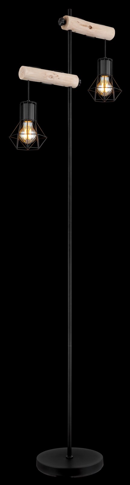 Moderne Stehleuchte mit zwei hängenden Lampen, Holz- und Metallakzenten, seitliche Perspektive