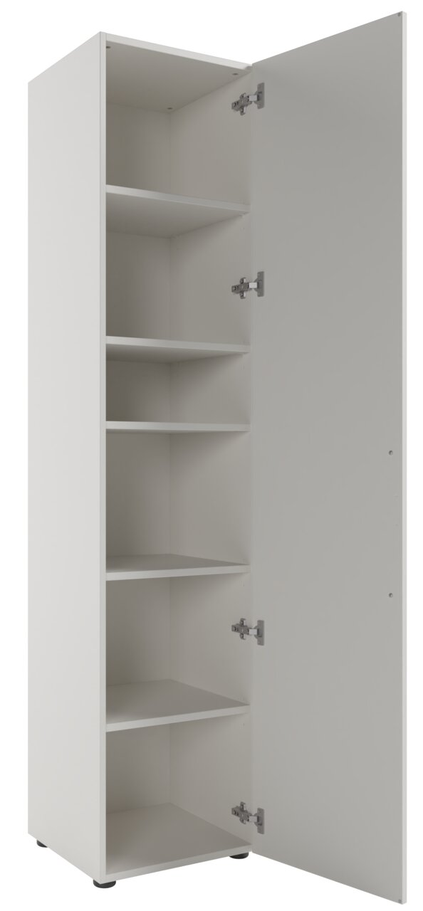 Hoher Aktenschrank mit geöffneter Tür, fünf Einlegeböden, Perspektive von rechts