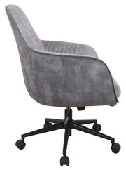 Grauer Drehstuhl mit gepolsterter Sitzfläche und Rückenlehne, seitliche Perspektive