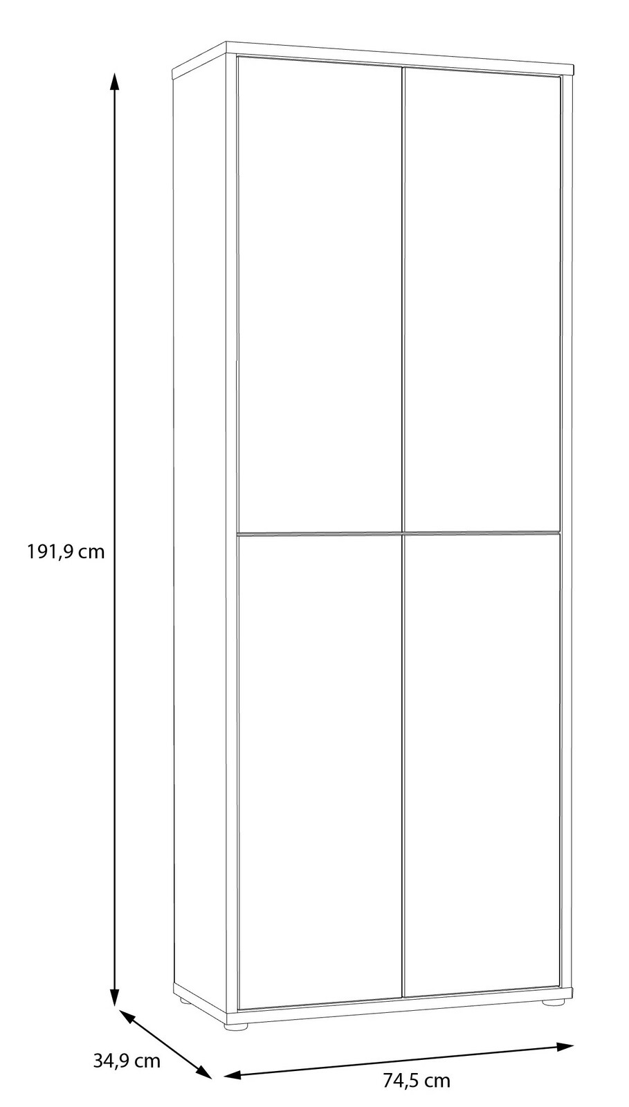 Hoher Schuhschrank mit vier Türen, Abmessungen 191,9 cm Höhe, 74,5 cm Breite, 34,9 cm Tiefe, frontale Perspektive.