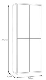Hoher Schuhschrank mit vier Türen, Abmessungen 191,9 cm Höhe, 74,5 cm Breite, 34,9 cm Tiefe, frontale Perspektive.