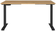 Moderner E-Schreibtisch mit Holzoberfläche und schwarzen Metallbeinen, Frontalansicht